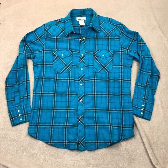 Wrangler Mens Shirt Large Long Sleeve Pearl Snaps Plaid Casual Classic Y2K Blue - Picture 10 of 11